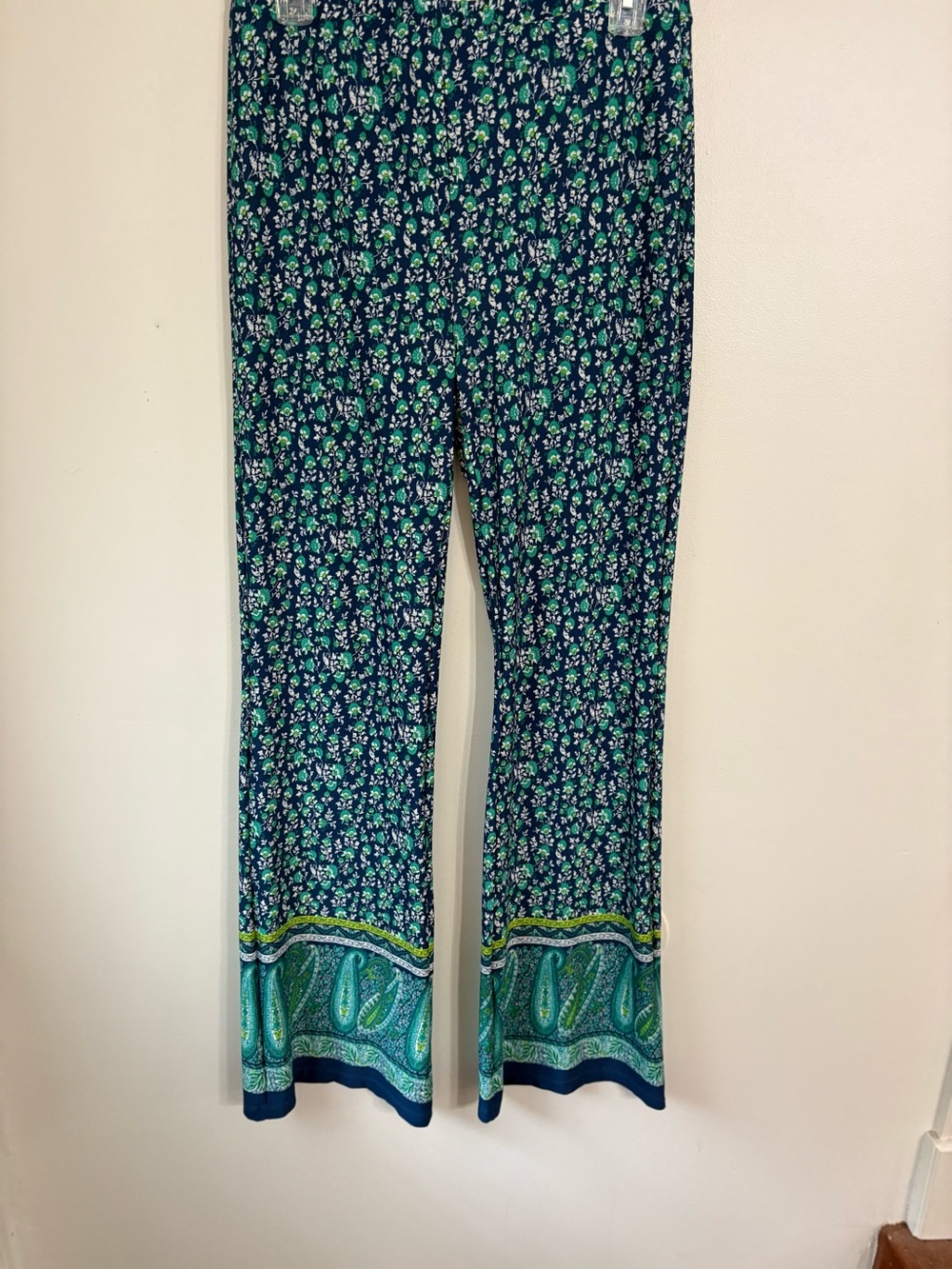 new directions navy floral border palazzo pants with green &  teal blooms Medium